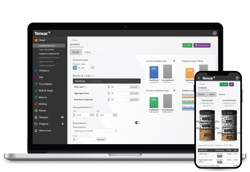 A mock-up of Tensar+ software on a mobile and laptop screen