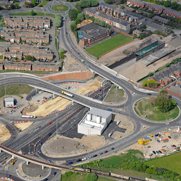 An aerial shot showing the construction of the Tyne Tunnel